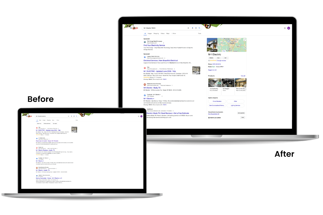 case-study-1 Side-by-side comparison of search engine results before and after optimization. The "before" laptop shows fewer details, while the "after" laptop exhibits a more enhanced and detailed search display.