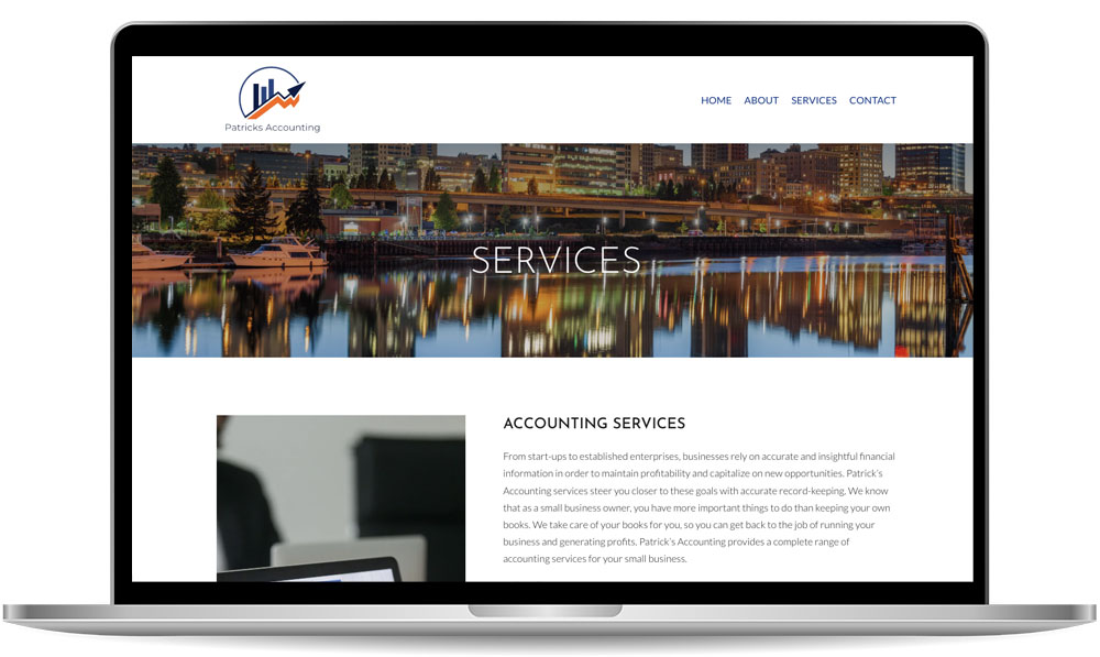 accountants-1-mockup Laptop displaying a website for Patrick's Accounting with a cityscape image and menu options: Home, About, Services, Contact. The page highlighted is "Services" featuring accounting services content.