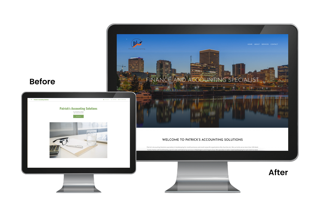 case-study-feature-patricks-accounting Side-by-side computer screens labeled "Before" and "After," showing the redesign of an accounting website from a simple layout to a modern cityscape-themed homepage.